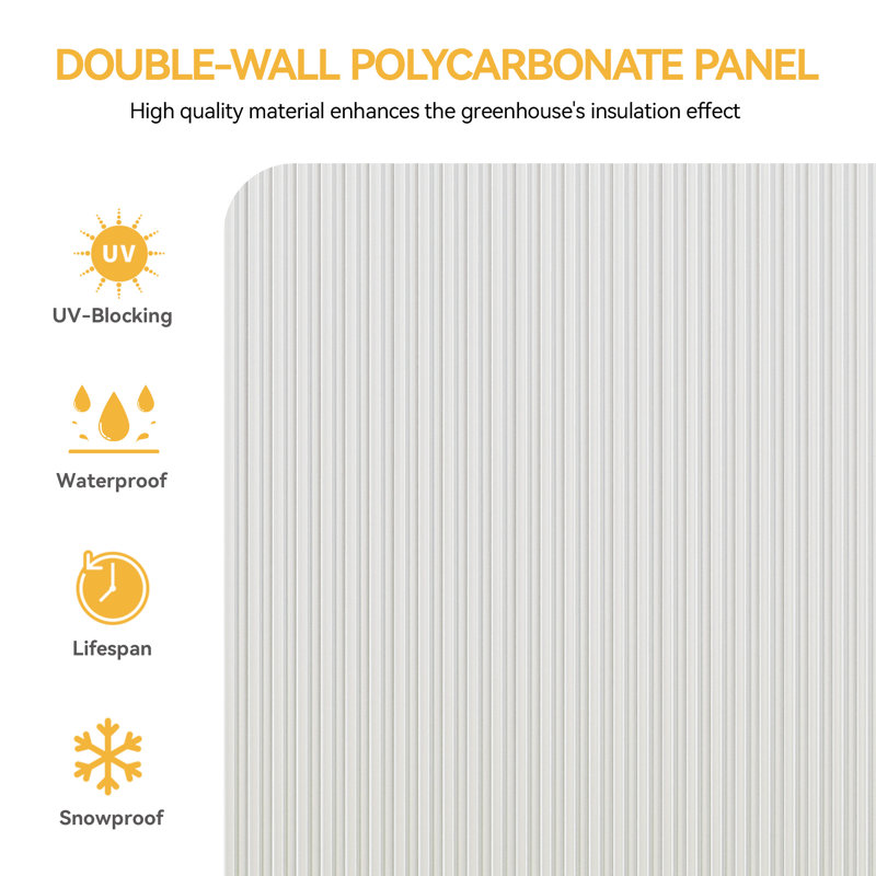 6'W X 4'/6'D Dual-wall Polycarbonate Greenhouse with Aluminum Frame, Steel Base, Sliding Door, 75.6" H x 74.4" W x 50.4" D