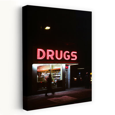 1980S Drug Store At Night Pink Neon Sign Drugs Classic Retro Vintage Urban Architecture Art