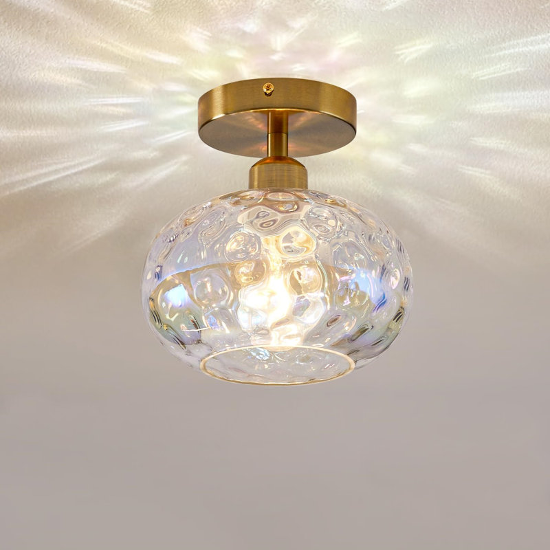 Gold Semi Flush Mount Ceiling Light with Stained Hammered Glass Shade