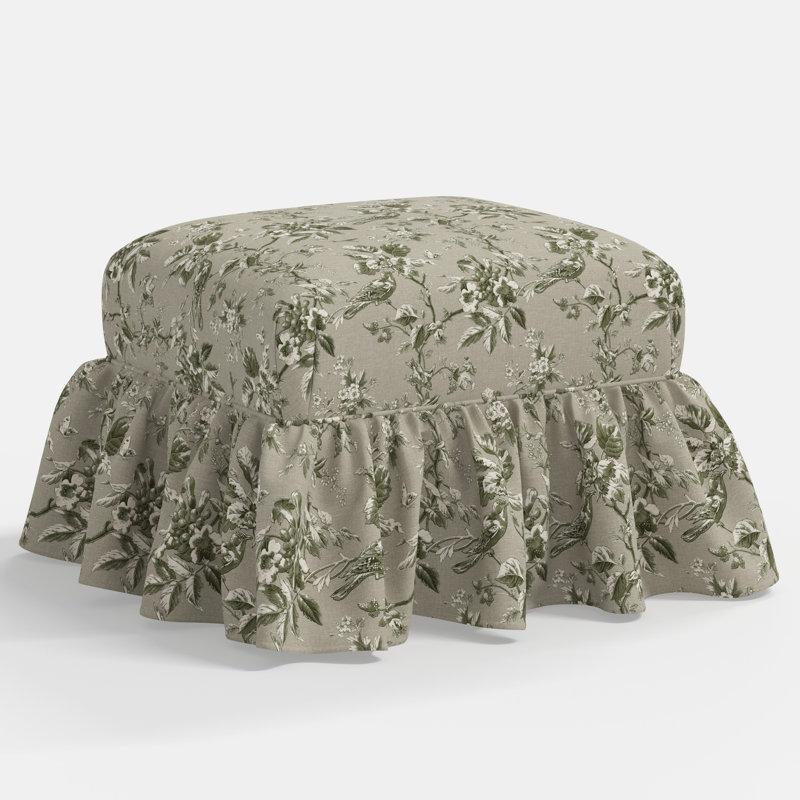 June Upholstered Ottoman, Michigan Bird Toile Olive
