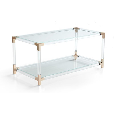 Modern Double-Layer Glass Coffee Table – Clear Glass Top With Acrylic Legs And Rose Gold Frame For Living Room