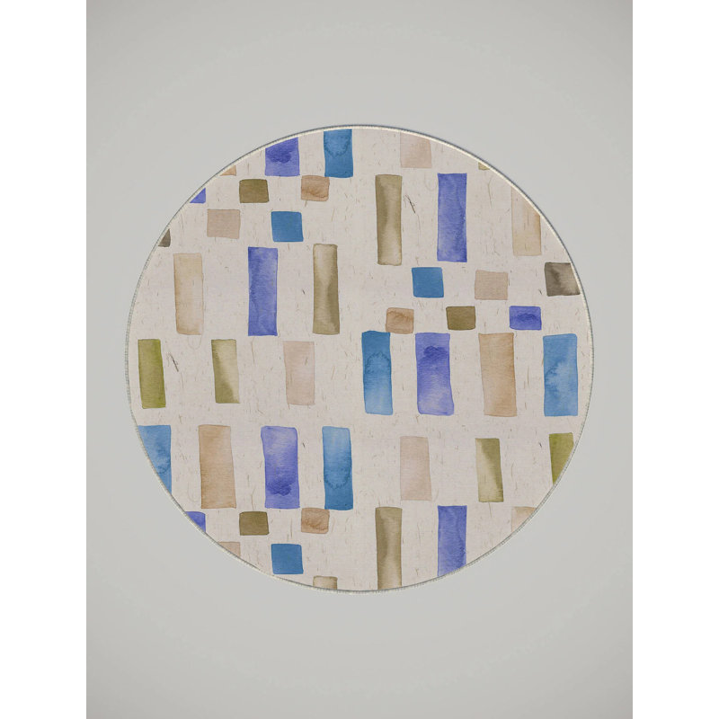 Tapis bleu / or en polyester tissé à la machine Berangere, Rond 8 pi