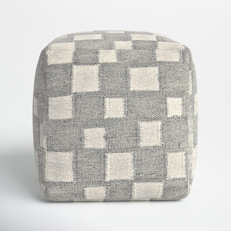Gwennie Upholstered Pouf, Gray/White Wool/Cotton Blend