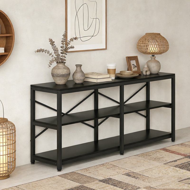 3-Tier Console Table Long Foyer Sofa Table with Storage Shelves, Black