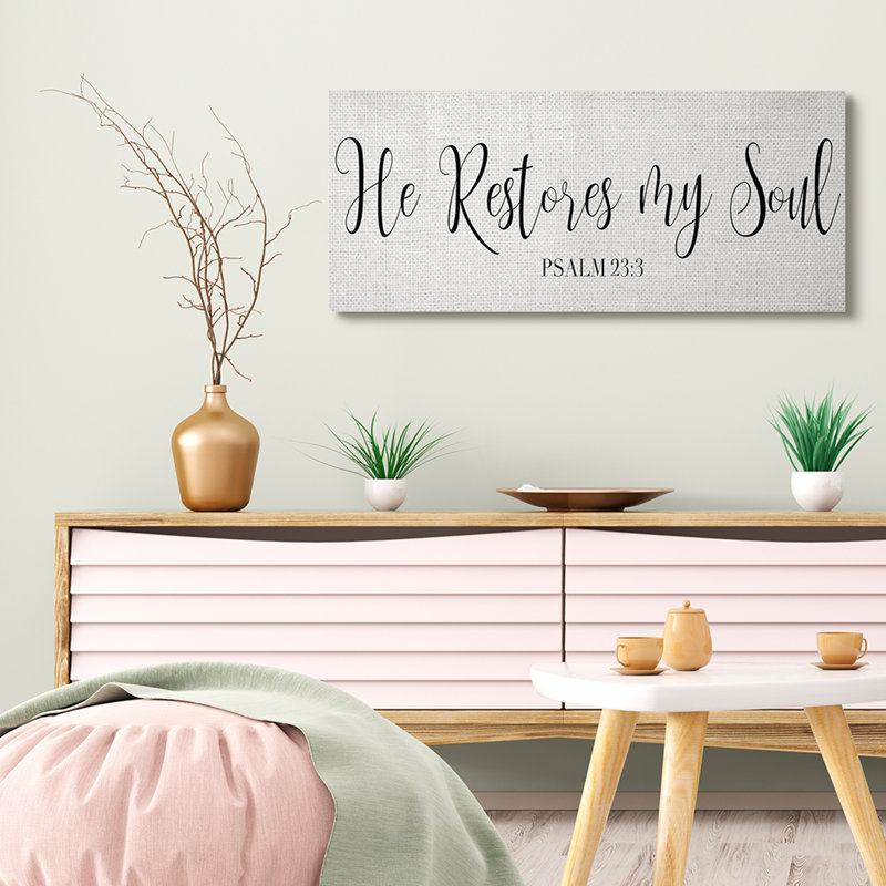 «He Stores My Soul», charmante typographie cursive, Toile tendue, H 17 po x l 40 po