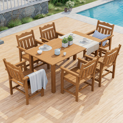 7 Piece Outdoor Dining Set, All-Weather HIPS Plastic Patio Dining Table and Chairs with Umbrella Hole, Ergonomic Outdoor Furniture Set for Backyard Deck Garden Lawn Porch