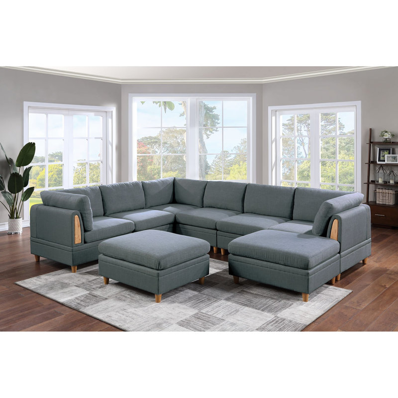Canapé modulaire moderne avec siège épuré: tissu gris acier, 8 pièces, couleur: canapé, bois