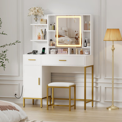 Bureau de coiffeuse moderne avec miroir lumineux à DEL - 3 modes d'éclairage réglables, 2 tiroirs, armoire, tablettes ouvertes, station de charge, tabouret rembourré - Coiffeuse idéale pour la chambre à coucher, blanc