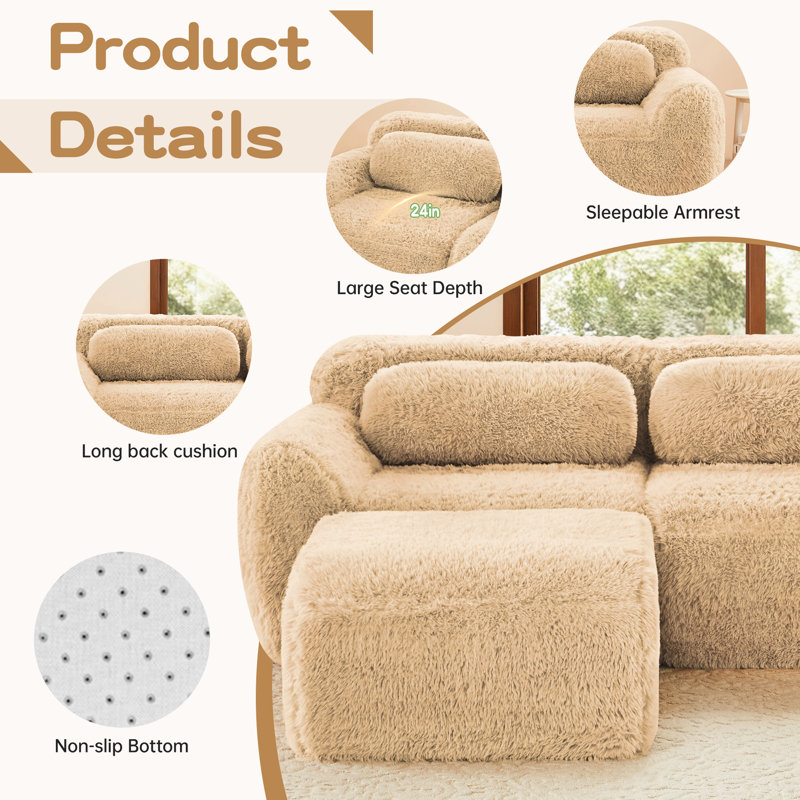 Canapé modulable 3 places kaki, structure en U sans armature, mousse haute densité 32D, base antidérapante, combinaison, design ergonomique, tissu, aucun assemblage requis pour le bureau et la chambre, assise confortable en mousse, espace de détente