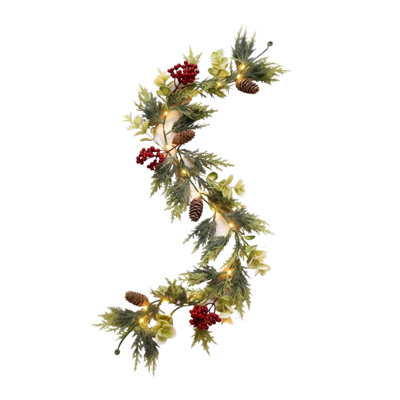 Guirlande de Noël artificielle pré-illuminée de 180 cm, en forme de S, ornée de feuilles de houx, de baies rouges et de pommes de pin, décoration hivernale pour porte d'entrée, mur ou foyer