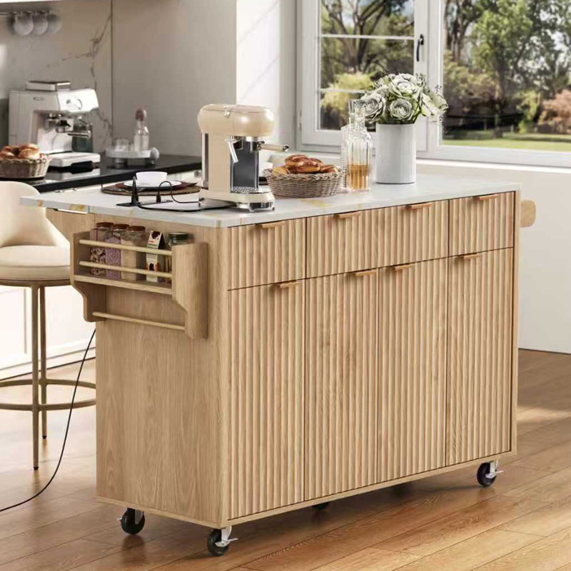 55.5" Fluted Storage Kitchen Island With Drop Leaf And Power Outlet And 3 Drawers, Natural