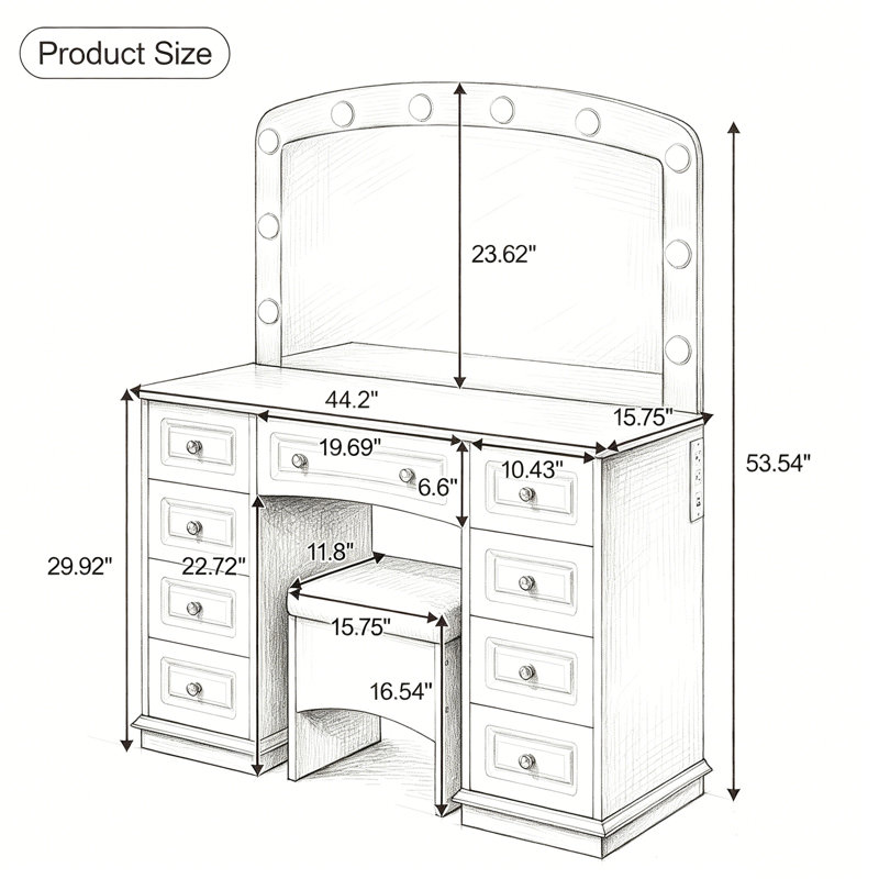 Meuble-lavabo luxueux avec 10 ampoules Hollywood, 3 modes d'éclairage couleur et 9 tiroirs de rangement pour la chambre à coucher
