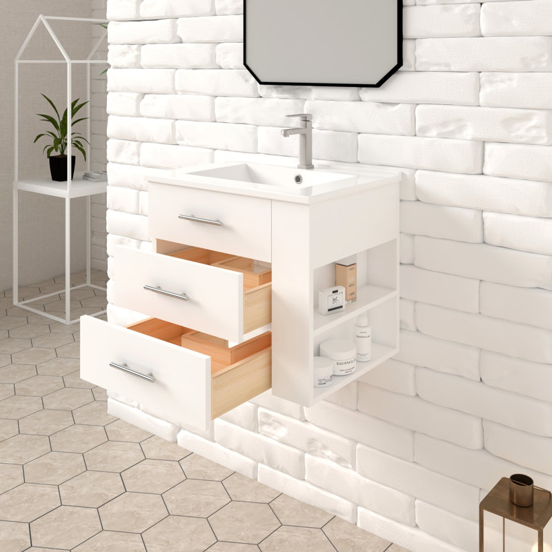 Ensemble de meuble-lavabo mural simple 24 po avec comptoir en céramique blanche avec tablette droite Aurilla, Blanc