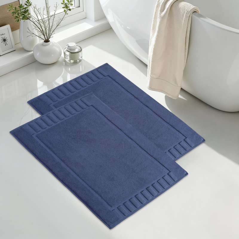 100% Cotton Thick Geometric Border Washable Bath Mats , Navy Blue