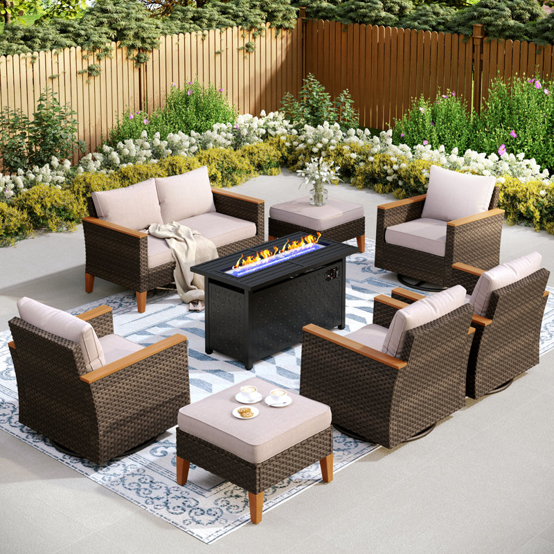 Argyri Outdoor Wicker Patio Conversation Furniture Set With Swivel Chairs And Firepit Table