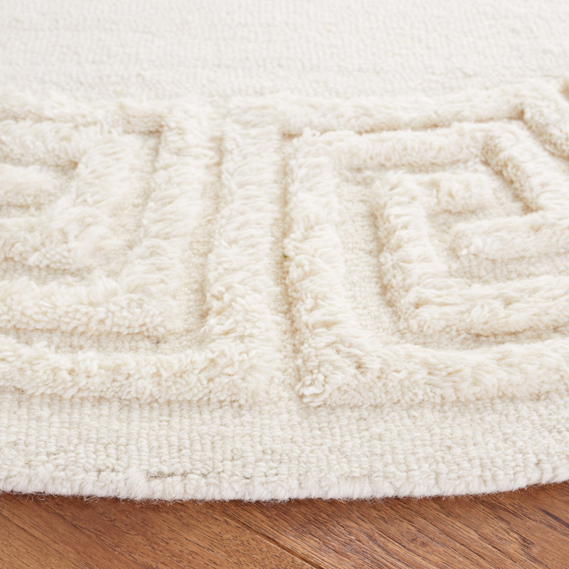 Dreshon Hand Tufted Wool/Cotton Greek Key Border Rug in Ivory, Round 6'