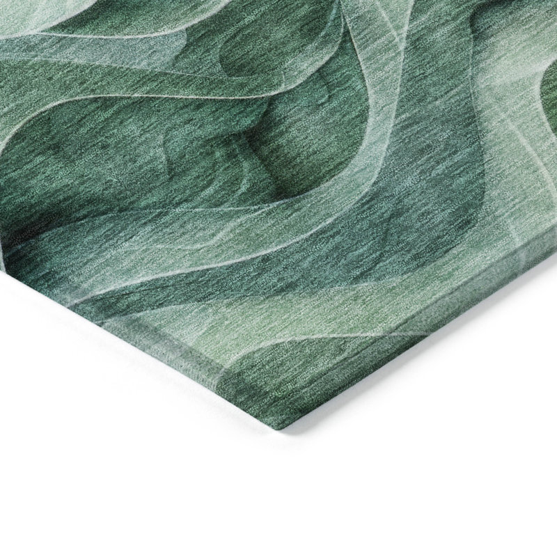 Teal and Green Wave Pattern Washable Synthetic Rug 8' x 10'