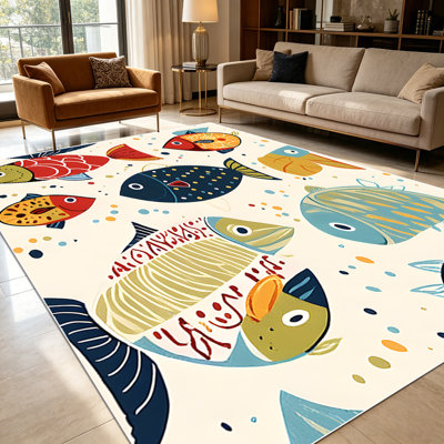 1PC hand-drawn folk art fish nautical coastal pattern area rugs for Living Room, Soft and Comfortable, Suitable for all seasons, easy-to-maintain, machine washable Indoor floor mat, Under Table Farmhouse suitable for dining room, bedroom...