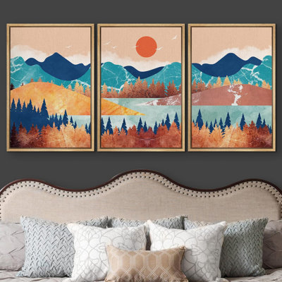 Sun Mountain Range "Orange Blue Abstract Scandinavian Landscape Framed Canvas Print 3 Piece Wall Art