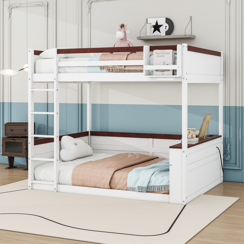 Grand lit superposé en bois avec tablettes intégrées, lumière DEL et USB, Blanc