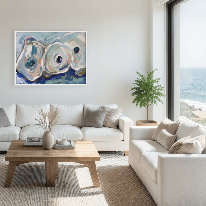 Coastal Retreat Pearlescent Elegance: Oyster Abstract, 30" H x 40" W x 1.125" D, Framed Print, White