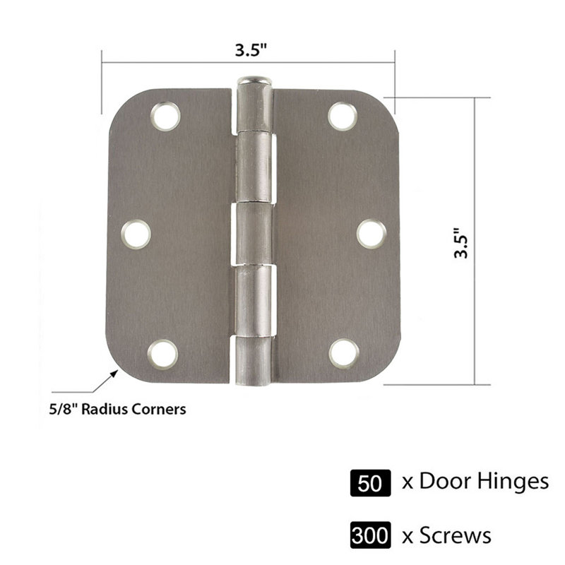 50 ensembles de charnières de porte intérieure en acier nickelé, 3,5 po x 3,5 po x 2,2 mm, rayon de 5/8 po