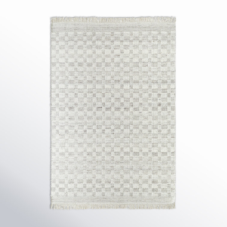 Lavande Checkered Wool Area Rug in Gray/Ivory