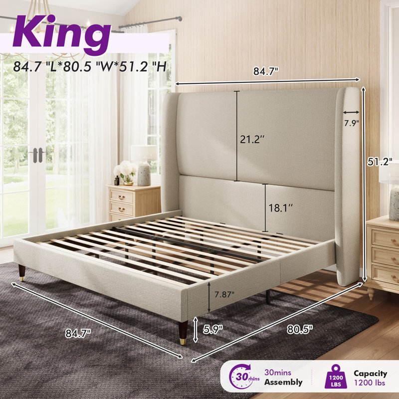 Belo King Khaki Upholstered Wingback Platform Bed, King, Khaki