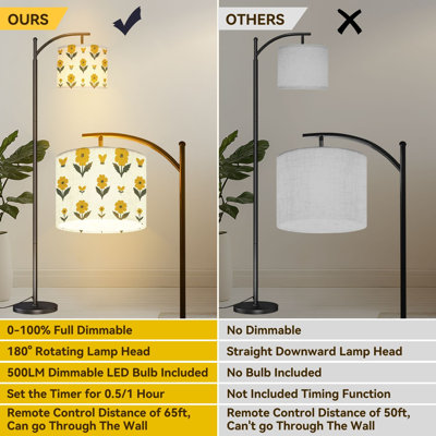 Arc Floor Lamp Floral Yellow Flowers Green Leaves Light Floor Lamps with Remote LED Lights Adjustable Lamp Shades Tall Standing Lamps for Reading Office Living Room