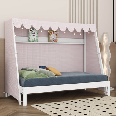 House Bed with Twin XL Trundle, Shelf, Tent and Light, No Box Spring Needed