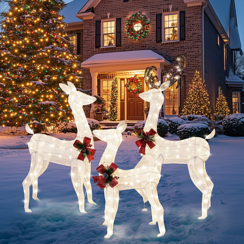 Christmas Deer Lighted Display 3 Piece Set, White