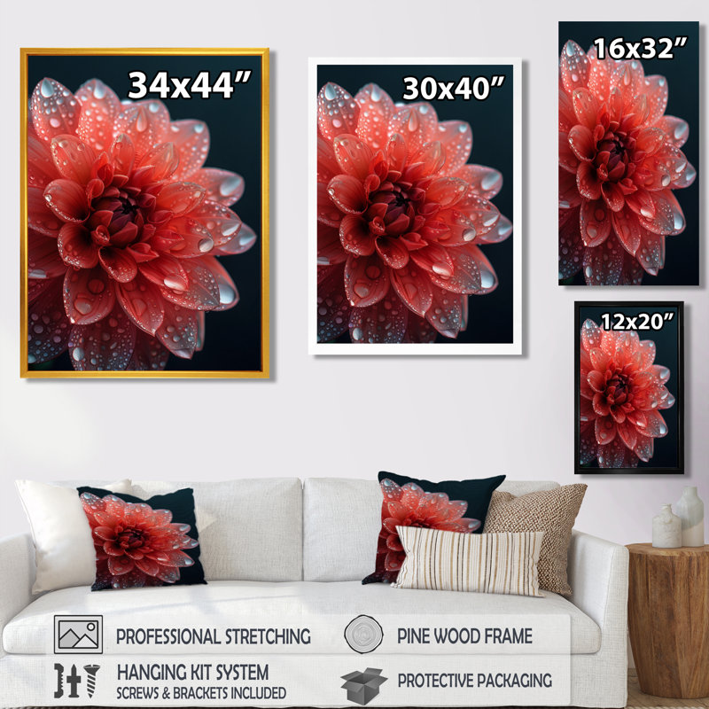 Dahlia nuance rouge nuances monochromes - art mural dans le salon, Cadre simple blanc, H 30 po x l 40 po x P 1,5 po