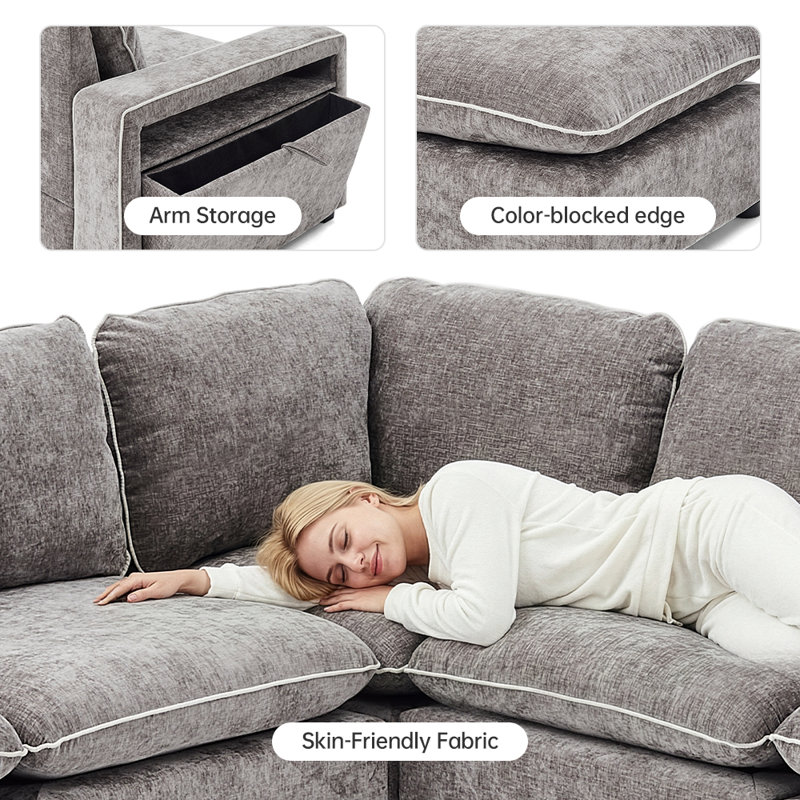 Ensemble de salon à accoudoirs carrés en chenille gris (canapé, causeuse et fauteuil), Gris