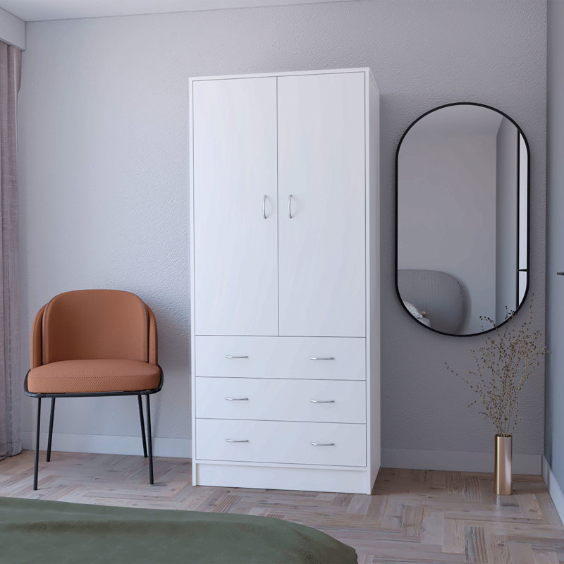 Armoire, avec 2 portes, 3 tiroirs et 1 barre à vêtements, Blanc