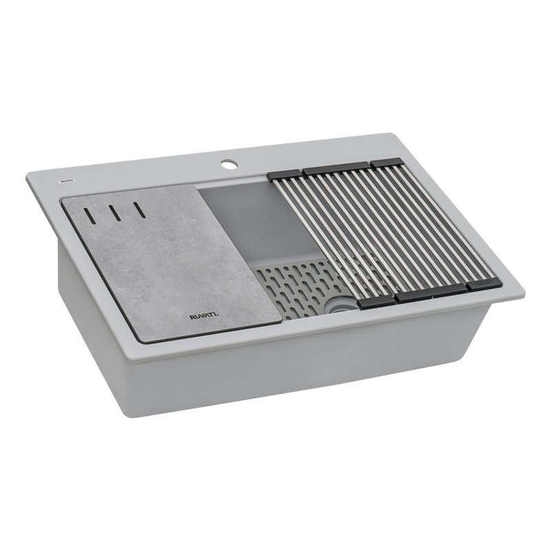 Ruvati 33-inch Granite Composite Quartz Workstation Drop-in Topmount Kitchen Sink, Silver Gray