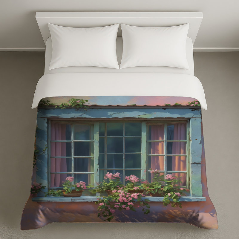 Fenêtre pastel avec housses de couette fleurs, Grand lit
