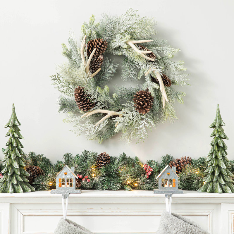 24"D Christmas Flocked Pinecone & Antler Wreath, Green