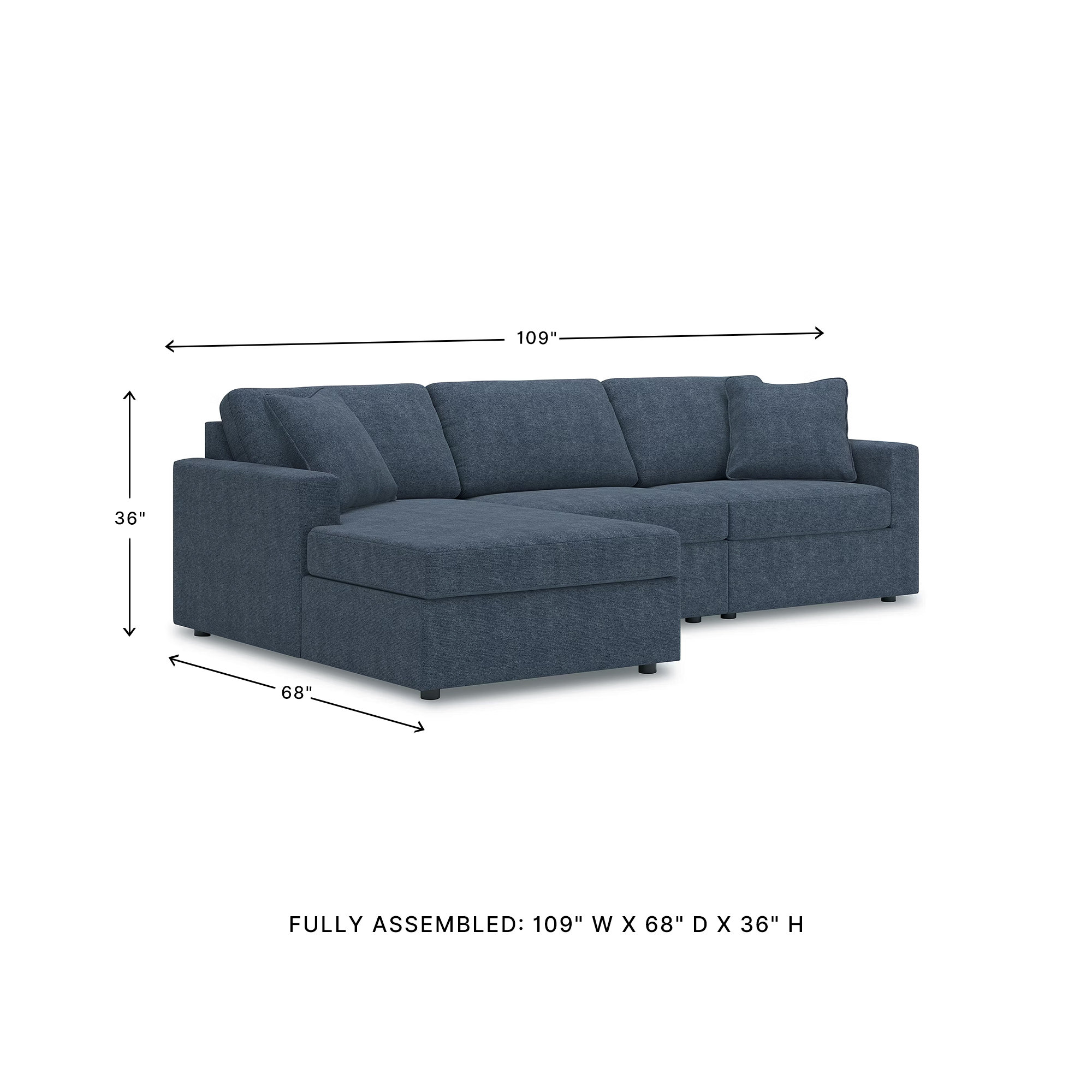 Bulwell Sectional With Chaise, Left Hand Facing, Blue Polyester, 36" H x 109" W x 68"D