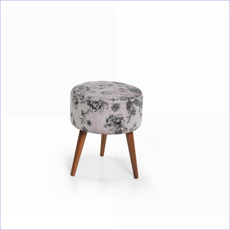 Ottoman, Minimalist 3-Leg Wood with Ivory Light Gray Pattern | Living Room, Bedroom, Office | Wood | Walnut Brown