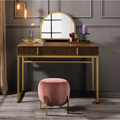 Bureau de coiffeuse rectangulaire doré et noyer avec structure en métal, miroir, plateau à bijoux, 2 tiroirs de rangement, agencement de panneau de particules, profondeur de 19 pouces des tiroirs de miroir pour le rangement, comme composants, 42 po de largeur