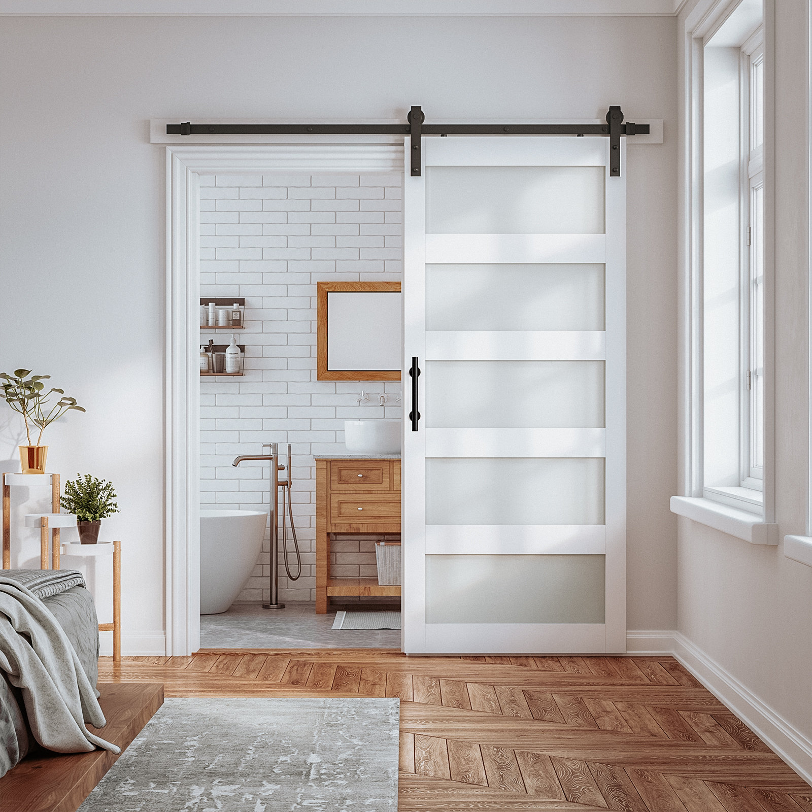 Sliding Barn Door Wall Storage with Mirror Brushed White