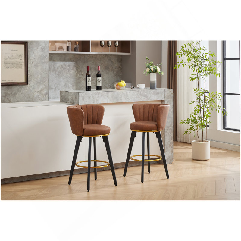 Counter Height Bar Stools Set Of 2, 360° Swivel Upholstered Barstools With Backs And Metal Legs, 26" H Seat Height, Velvet Fabric,Goldy Footrest  (BROWN)