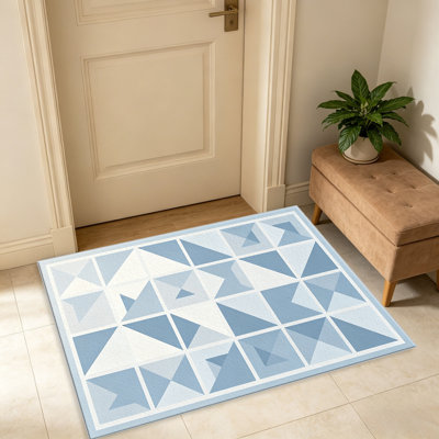 Tapis bleu clair à motif géométrique triangulaire - facile à nettoyer, lavable à la machine, doux et confortable; convient aux tapis de porte, aux cuisines, aux salons, aux chambres à coucher, aux couloirs et aux buanderies. Tapis facile à nettoyer et durable pour la décoration intérieure.