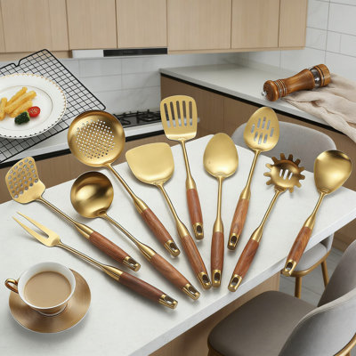 10-Piece Stainless Steel Kitchen Utensil Set With Wood Handle, 18/10 Metal Cooking Tools For Professional & Home Use, Dishwasher Safe