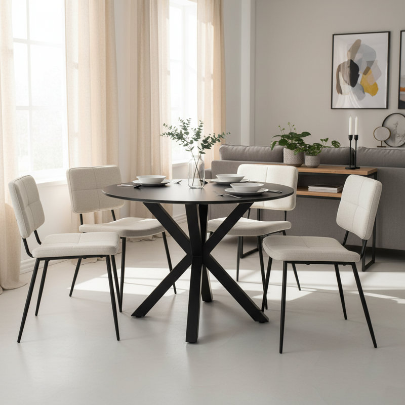 5-Piece Round Dining Table Set For 4, Modern MDF Top With Black Metal Legs And Upholstered Beige Chairs, Mid-Century Kitchen & Dining Room Set
