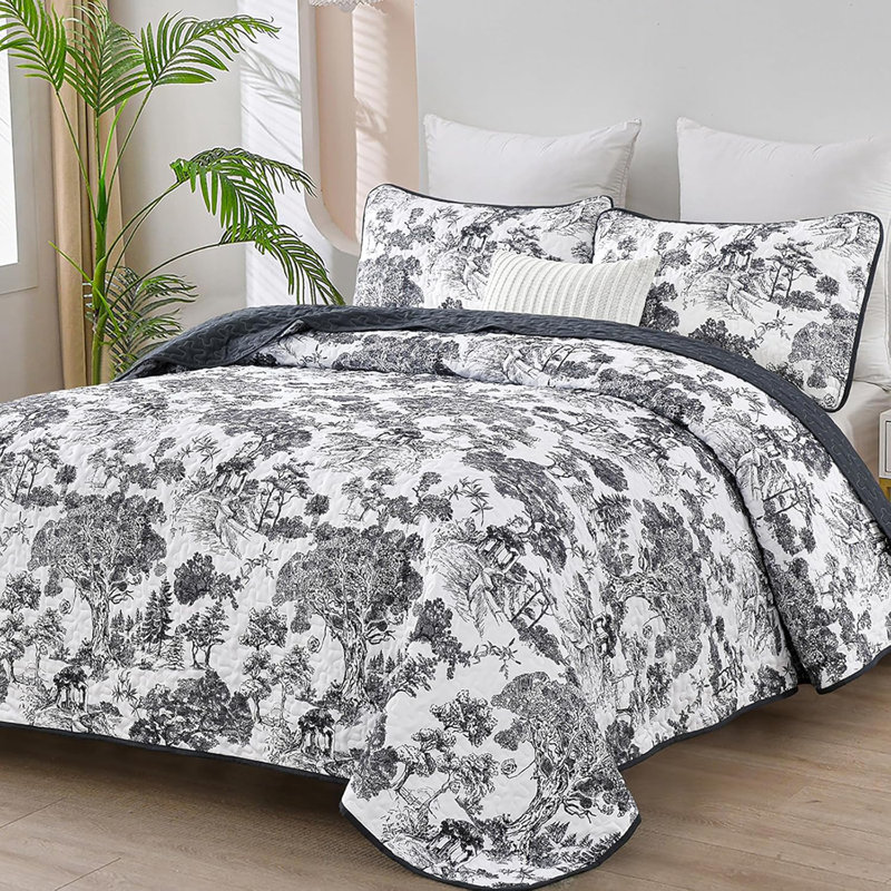 Ensemble de courtepointe à motif de plantes 3 pièces Botanical Toile, Courtepointe pour lit grand + deux taies décorati, Noir
