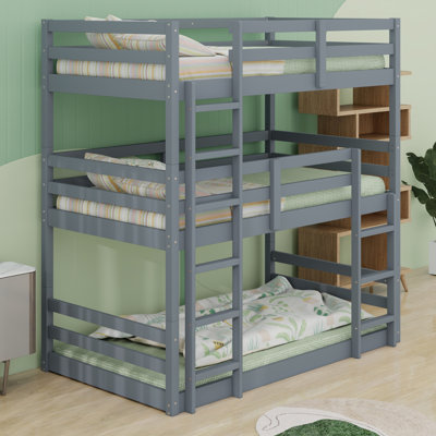 Bunk Bed With Two Built-In Ladders, Guardrails And Detachable Triple Design