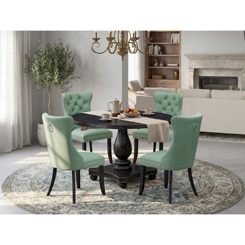 5 Piece Dining Set Includes a 48" Round Table with Pedestal and 4 Willow Green Polyester Fabric Upholstered Chairs, Sand Blasted Black