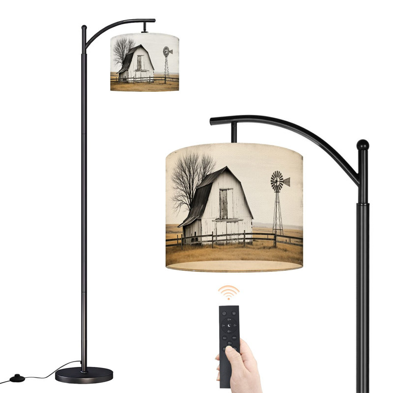 Lampe sur pied à arc avec abat-jour réglable Ferme rustique Moulin à vent Scène de campagne Nature Paysage Lampe sur pied panoramique 3 températures de couleur Lampe à mât haut avec interrupteur au pied pour la chambre à coucher