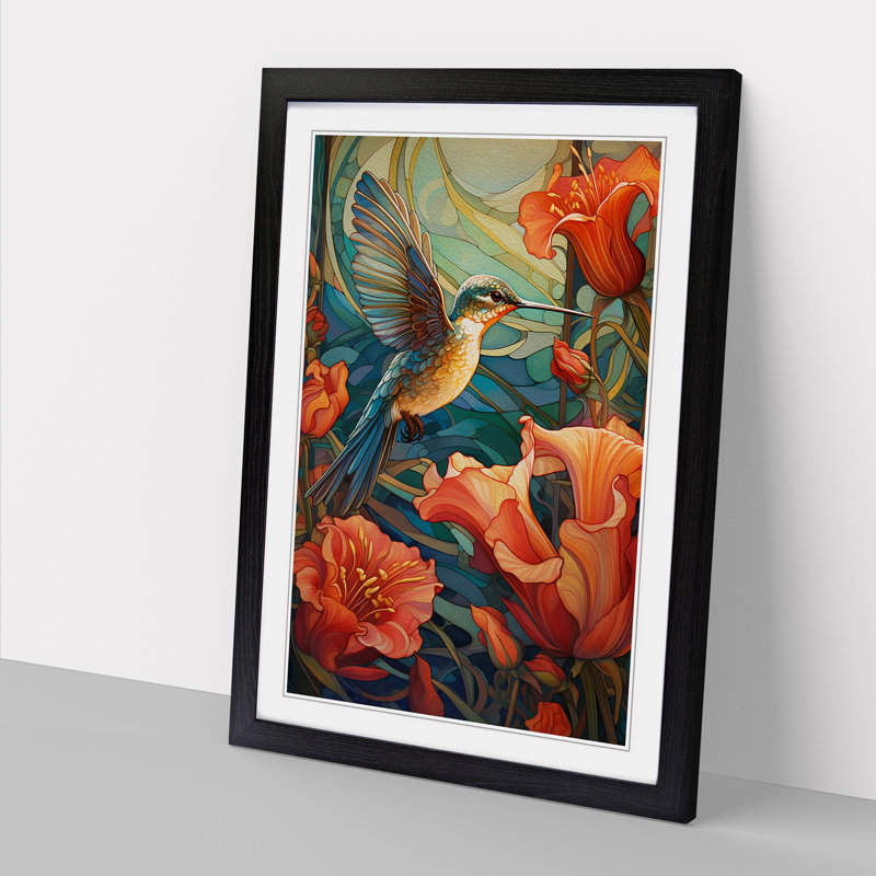 Hummingbird Nouveau No.2 - Framed Print, 46cm H x 34cm W x 2cm D, Black Framed